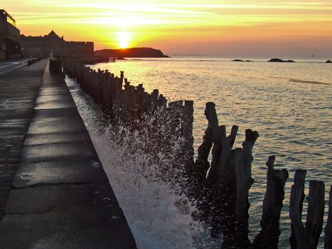 Sunset on the the promenade of Saint Malo