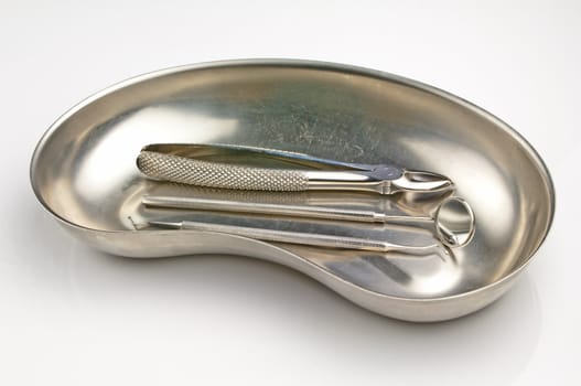 kidney dish with stomatoscope, forceps, scale scraper