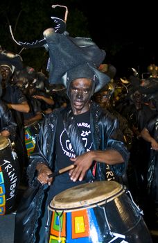 MONTEVIDEO,URUGUAY-FEBRUARY 5 2011: Candombe drummer in the Montevideo annual Carnaval ,  Candombe is a drum-based musical style of Uruguay. Candombe originated among the African population in Montevideo Uruguay