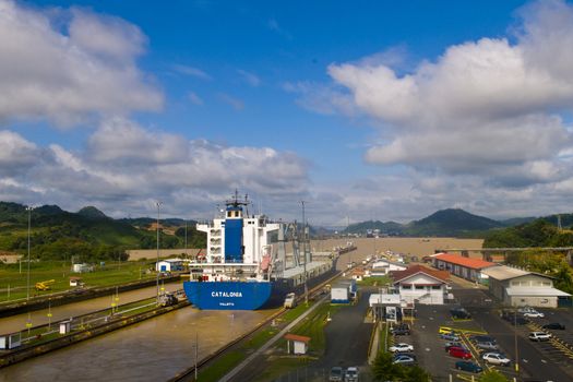 PANAMA CANAL , PANAMA - DEC 25 2010 : Huge ship crossing the Panama canal