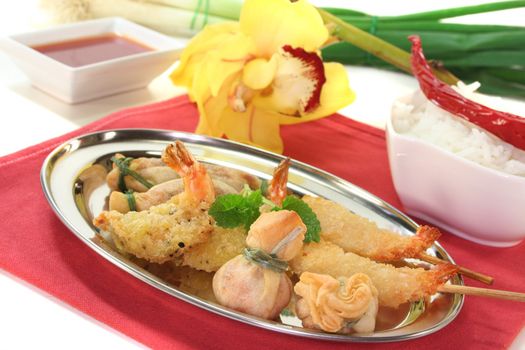 Thai prawns specialties wrapped in filo pastry with surimi, shrimp and vegetables