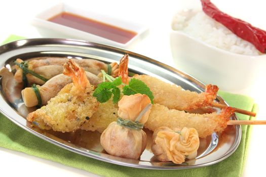 Thai prawns specialties wrapped in filo pastry with surimi, shrimp and vegetables