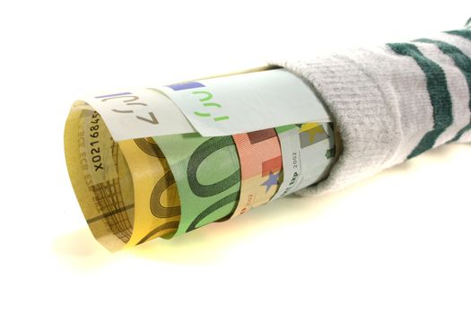 Striped money sock with many euro notes on a white background