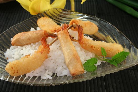 Thai prawns specialties wrapped in filo pastry with surimi, shrimp and vegetables