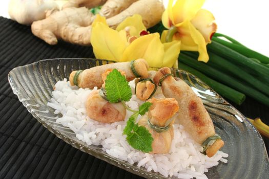 Thai prawns specialties wrapped in filo pastry with surimi, shrimp and vegetables