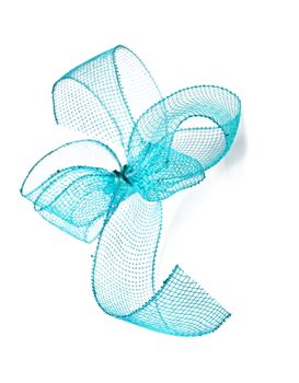 Blue ribbon bow on white background with space for text