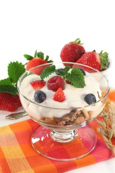 a bowl of fruit muesli with yogurt and lemon balm