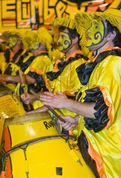 MONTEVIDEO,URUGUAY-FEBRUARY 5 2011: Candombe drummers in the Montevideo annual Carnaval ,  Candombe is a drum-based musical style of Uruguay. Candombe originated among the African population in Montevideo Uruguay