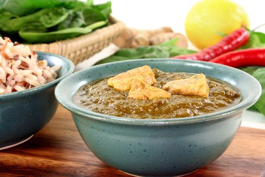 Indian Palak Paneer with rice and fresh ingredients
