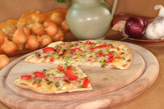 tarte flambee with bacon, green onions and red pepper