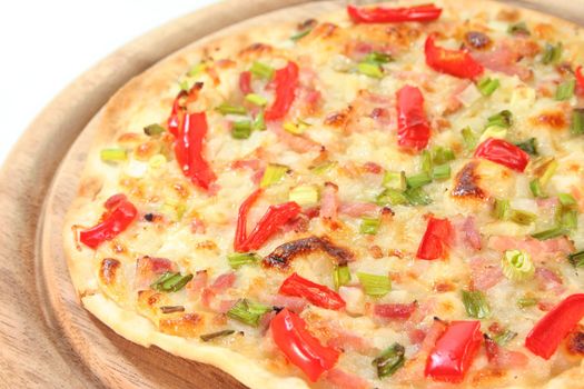 tarte flambee with bacon, green onions and red pepper