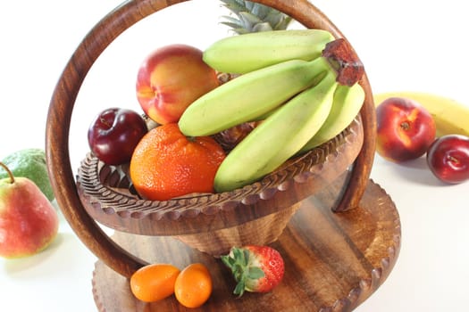 Mix of native and exotic fruits in a wooden basket