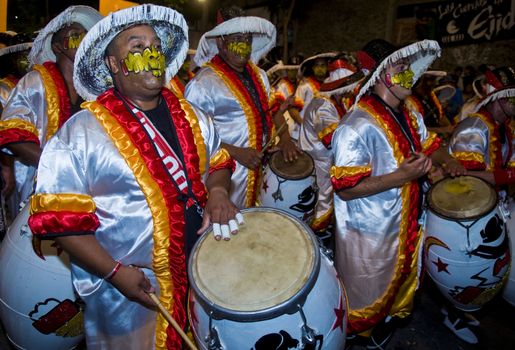 MONTEVIDEO,URUGUAY-FEBRUARY 5 2011: Candombe drummers in the Montevideo annual Carnaval ,  Candombe is a drum-based musical style of Uruguay. Candombe originated among the African population in Montevideo Uruguay