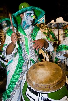 MONTEVIDEO,URUGUAY-FEBRUARY 5 2011: Candombe drummers in the Montevideo annual Carnaval ,  Candombe is a drum-based musical style of Uruguay. Candombe originated among the African population in Montevideo Uruguay