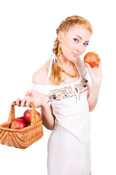 Redheaded woman with red apples over white