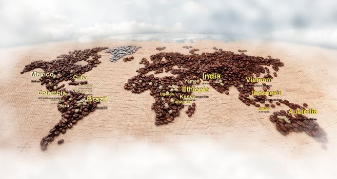 Image of map made of coffee. Closeup