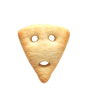 One triangle biscuit like a human face isolated on white background. Clipping path is included