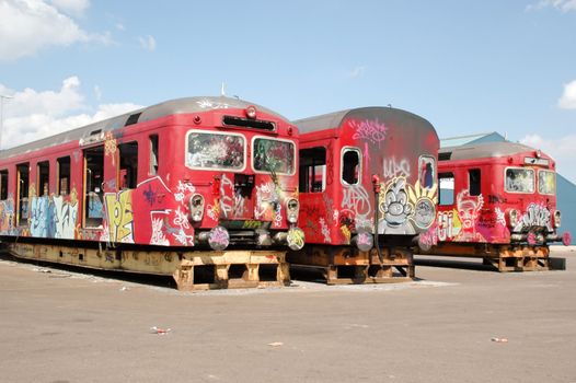 Old trains with graffiti