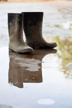 Rubber boots of the construction workers