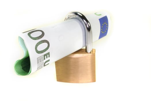 Lock with one hundred-euro note on a white background