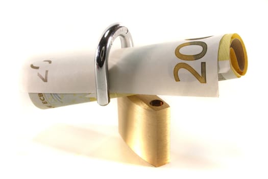 Lock with two-hundred-euro note on a white background
