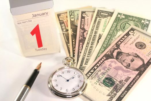 many dollar bills and pocket watch with tear-off calendar on a white background