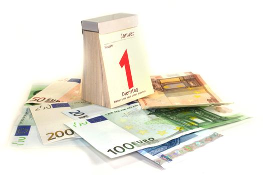 many euro notes with Calendar on a white background