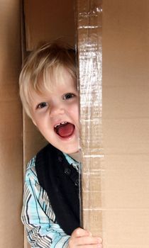 little boy is standing in the brown box alone