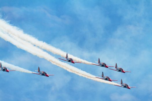 MALAGA, SPAIN-MAY 28: Aircrafts of the Patrulla Aguila taking part in an exhibition on the day of the spanish army forces on May 28, 2011, in Malaga, Spain