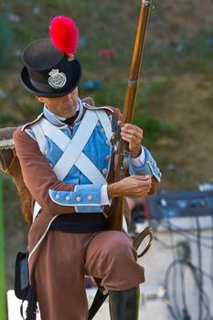 SAN FERNANDO, SPAIN - SEP 24: Actor taking part in the historical military reenacting of the oath of the Spanish constitution of 1812 on Sep 24, 2011 in San Fernando, Spain