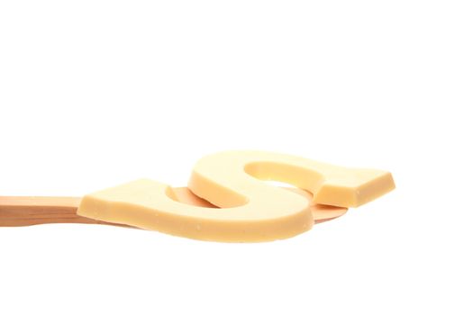 Chocolate character simply offered on a wooden spoon isolated on a white background 