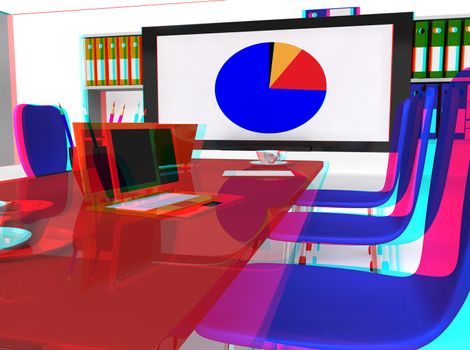 3D conference room with desk, chairs and laptops