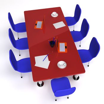 Conference room filled with desk and blue chairs