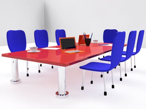 Conference room with red desk and blue chairs