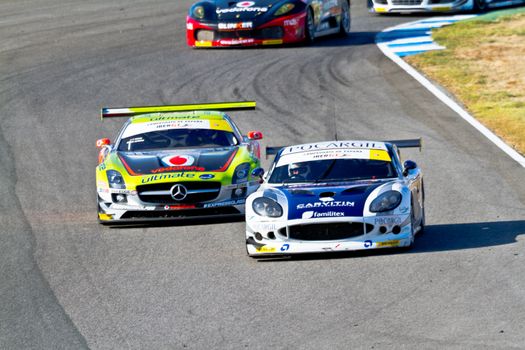 JEREZ DE LA FRONTERA, SPAIN - OCT 16: Joffrey Didier, Ginetta45 followed by Jose Pedro Fontes, Mercedes 25 races on Iber GT championship on October 16 , 2011, in Jerez de la Frontera , Spain