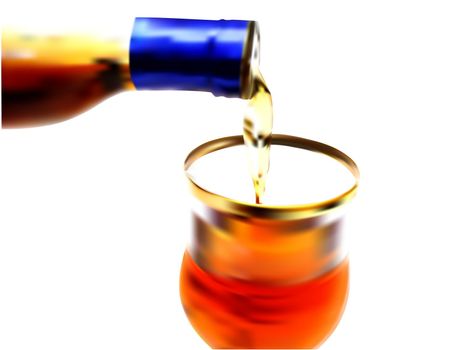 Bottle with brown liquid filling a glass cup