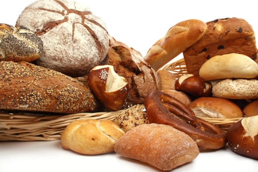 Various kinds of fresh baked  bread, breadrolls and buns