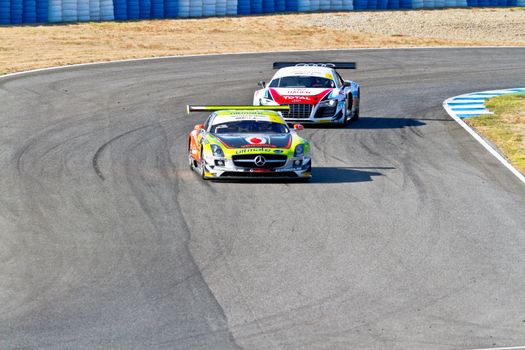 JEREZ DE LA FRONTERA, SPAIN - OCT 16: Jose Pedro Fontes , Mercedes 25 followed by Joao Pedro Figueiredo, Audi 21, races on Iber GT championship on October 16 , 2011, in Jerez de la Frontera , Spain