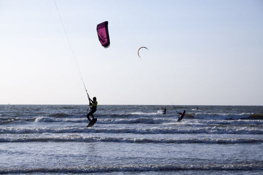 Kitesurfing in the evenng along the French coast