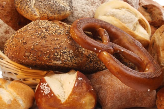 Various kinds of fresh baked  bread, breadrolls and buns