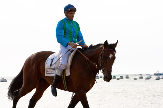 SANLUCAR DE BARRAMEDA, CADIZ, SPAIN - AUGUST 11: Unidentified rider at the start of race horses on Sanlucar de Barrameda beach on August 11, 2011 in Sanlucar de Barrameda, Cadiz, Spain.