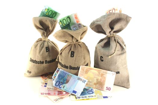 Federal Bank money bags with euro notes on a white background