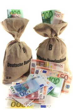 Federal Bank money bags with euro notes on a white background