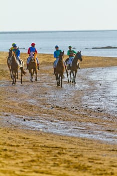 SANLUCAR DE BARRAMEDA, CADIZ, SPAIN - AUGUST 10: Unidentified riders at the start of race horses on Sanlucar de Barrameda beach on August 10, 2011 in Sanlucar de Barrameda, Cadiz, Spain.