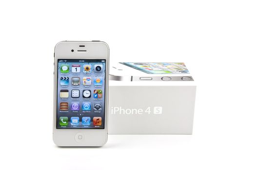 White iPhone 4S and its box on white background