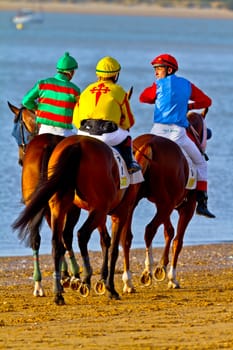 SANLUCAR DE BARRAMEDA, CADIZ, SPAIN - AUGUST 10: Unidentified riders at the start of race horses on Sanlucar de Barrameda beach on August 10, 2011 in Sanlucar de Barrameda, Cadiz, Spain.
