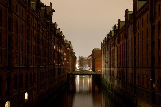 Evening View on Historical Speicherstadt (Hafencity) in Hamburg, Germany