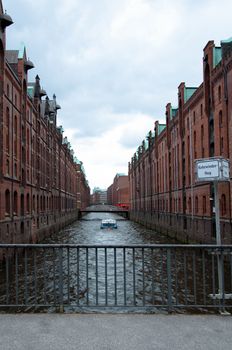 View from Kehrwieder Bridge on Historical Speicherstadt (Hafencity) in Hamburg, Germany