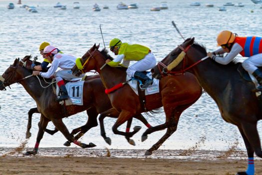 SANLUCAR DE BARRAMEDA, CADIZ, SPAIN - AUGUST 10: Unidentified riders race horses on Sanlucar de Barrameda beach on August 10, 2011 in Sanlucar de Barrameda, Cadiz, Spain.