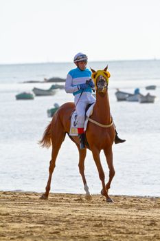 SANLUCAR DE BARRAMEDA, CADIZ, SPAIN - AUGUST 11: Unidentified rider at the start of race horses on Sanlucar de Barrameda beach on August 11, 2011 in Sanlucar de Barrameda, Cadiz, Spain.